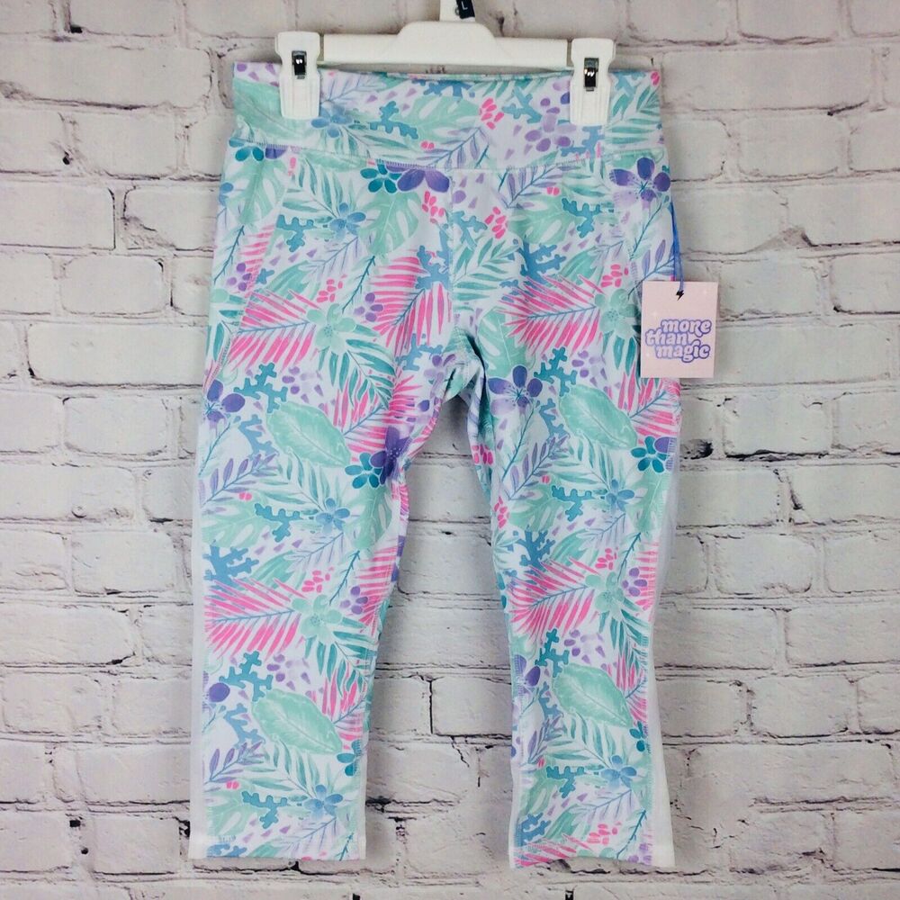 More Than Magic Girls Sz S(6/6x) Capri Leggings Floral w/Mesh Insert Gymnastics